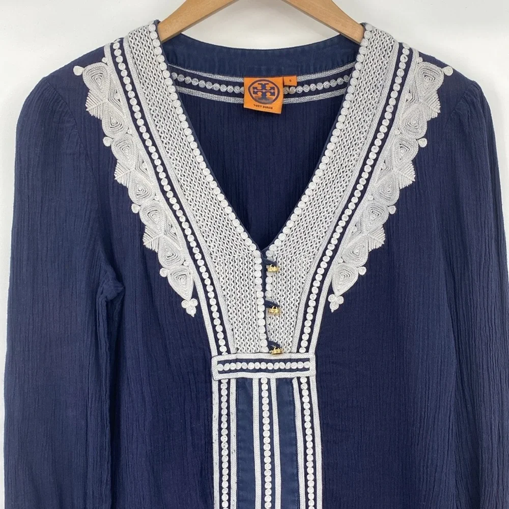 Tory Burch Tunic Blouse Top Womens Size 8 Blue White‎ Lace Long Sleeves V Neck